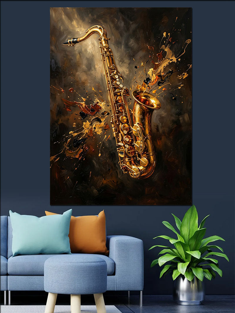 Altın Saksafon Patlamalı Müzik Tablosu Kanvas Tablo