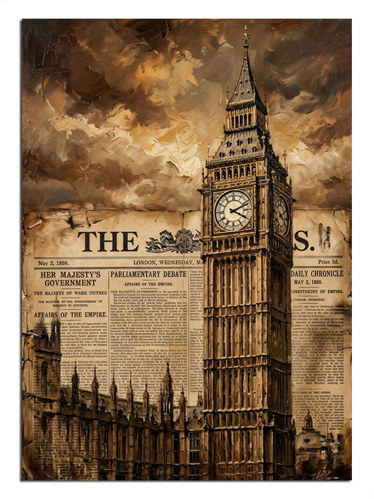 Eski gazete dokulu Big Ben saat kulesi Londra manzarası.