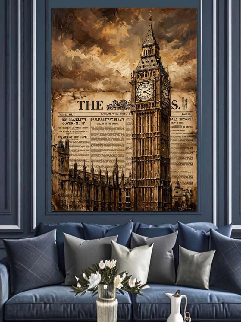 Big Ben ve Gazete Vintage Tablo Kanvas Tablo