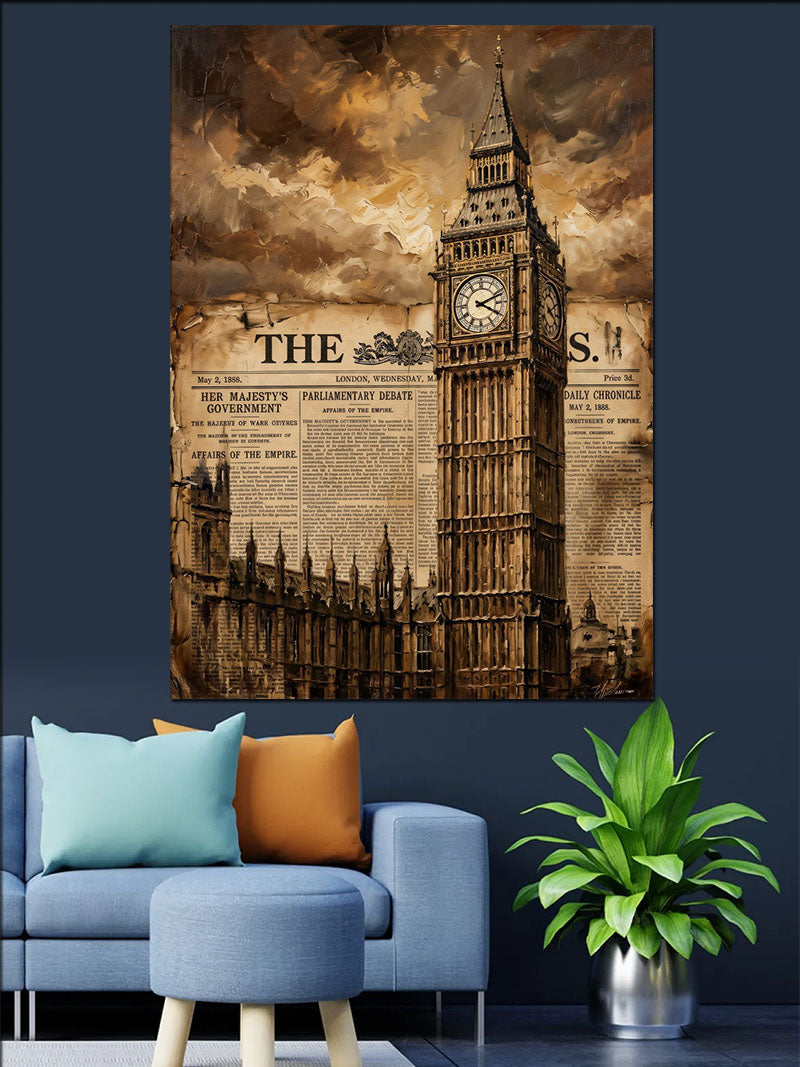 Big Ben ve Gazete Vintage Tablo Kanvas Tablo