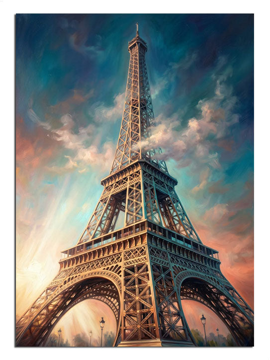 Gün batımı gökyüzü altında Eyfel Kulesi Paris manzarası.