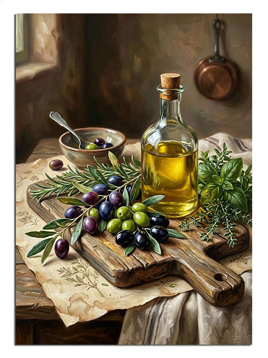 Masada zeytinyağı şişesi, zeytin ve otlar ile natürmort tablosu.