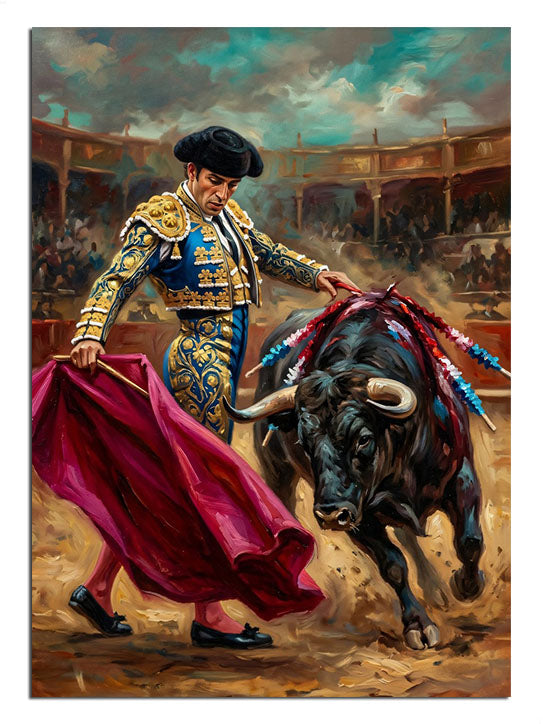 Kırmızı pelerinli matador ve boğa güreşi arenası tablosu.