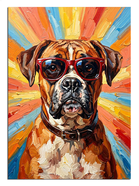 Kırmızı gözlüklü ve renkli fonlu köpek pop art portresi.