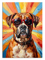Kırmızı gözlüklü ve renkli fonlu köpek pop art portresi.
