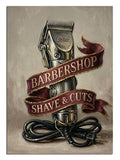 BARBERSHOP SHAVE & CUTS yazılı berber makinesi vintage tabela tablosu.