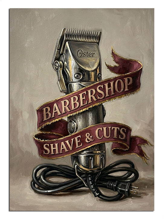 BARBERSHOP SHAVE & CUTS yazılı berber makinesi vintage tabela tablosu.