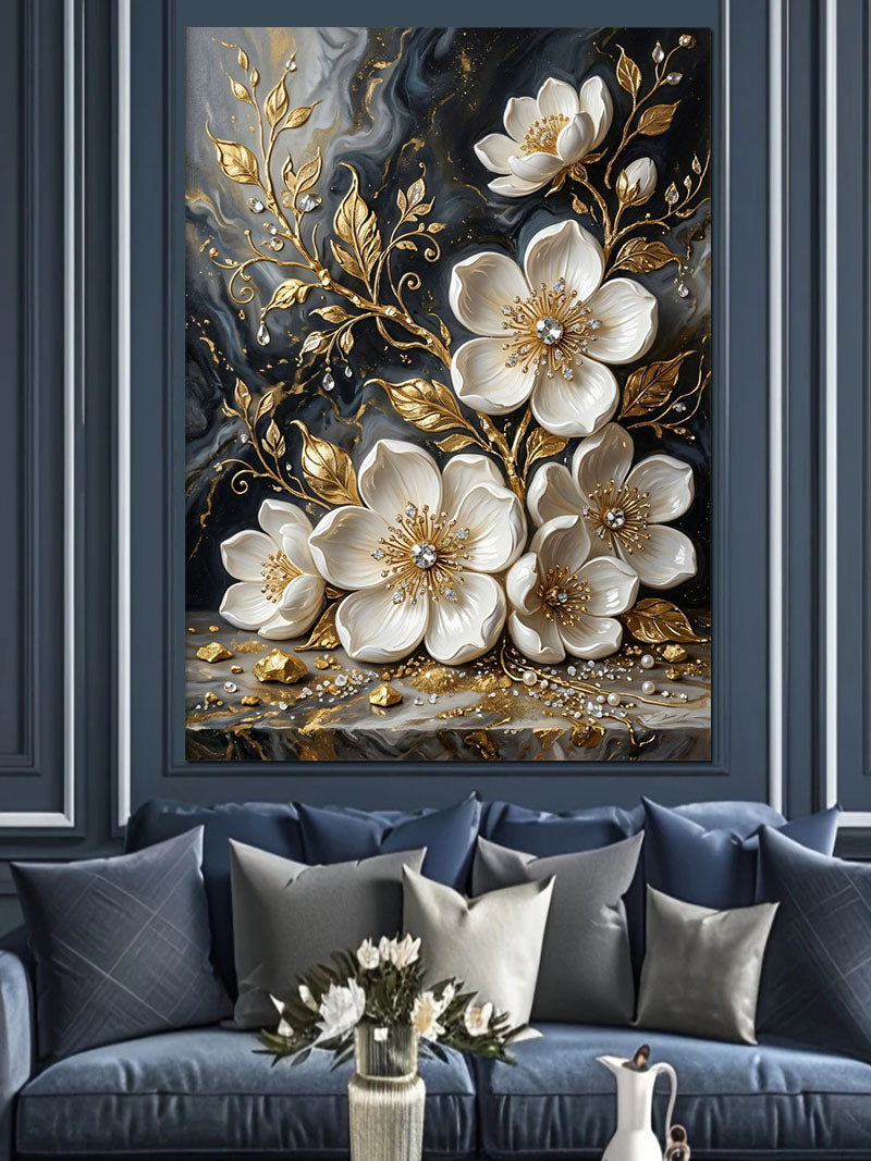Beyaz Çiçekli Altın Dallar Lüks Kanvas Tablo