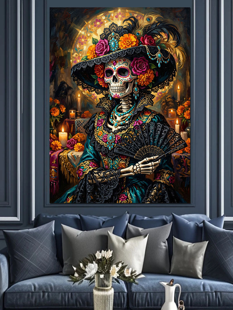 Çiçekli Şapkalı İskelet Catrina Kadın Kanvas Tablo