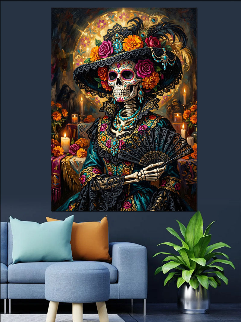 Çiçekli Şapkalı İskelet Catrina Kadın Kanvas Tablo