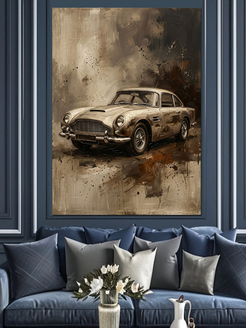 Dumanlı Klasik Aston Martin Arabası Kanvas Tablo