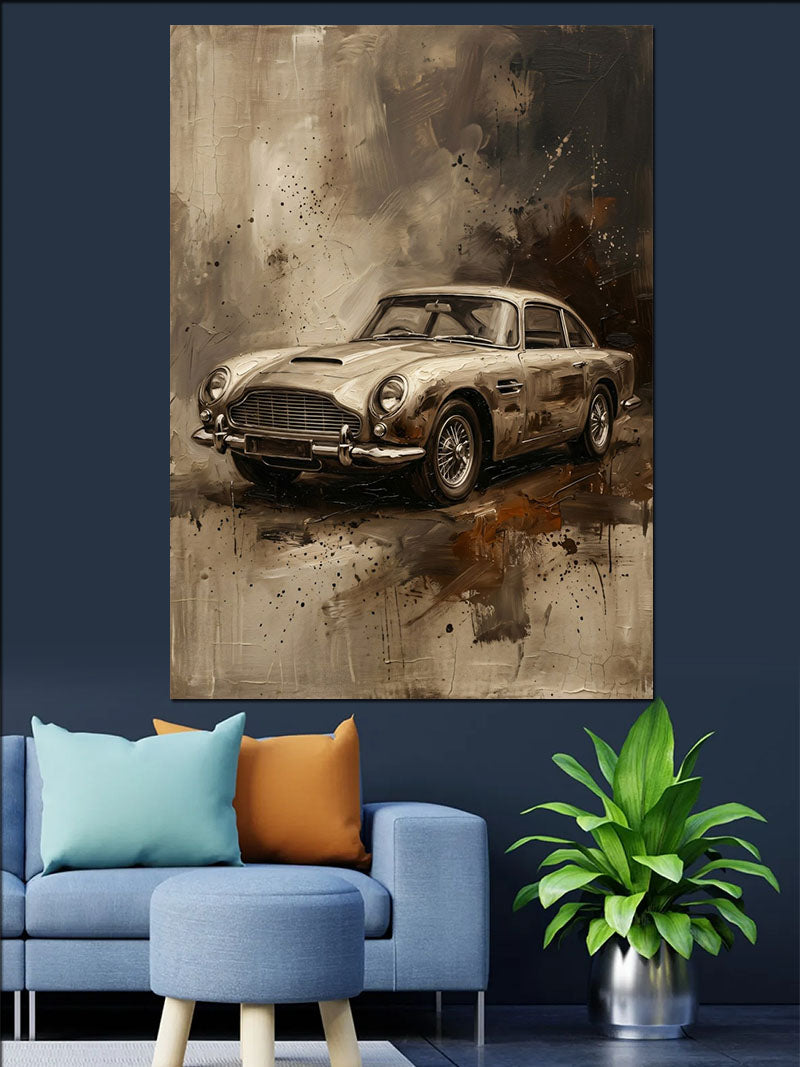 Dumanlı Klasik Aston Martin Arabası Kanvas Tablo