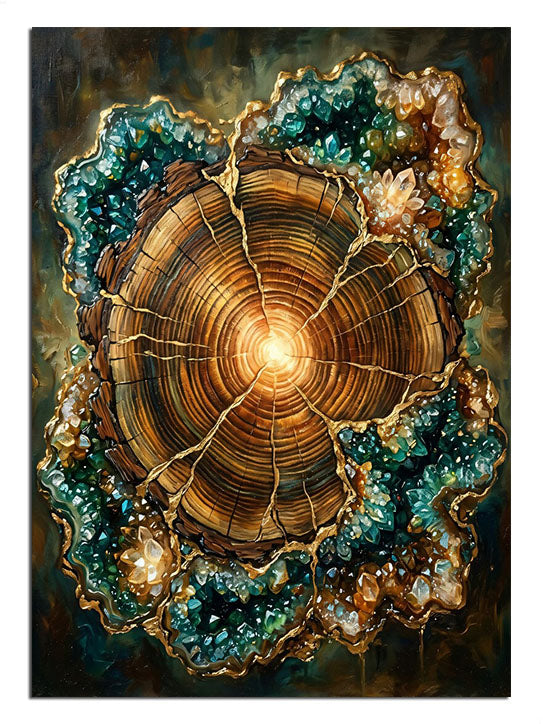 Kristal ve turkuaz taşlı ahşap kesit mandala