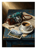 Kahve ve fotoğraf makinesi masası seyahat anı