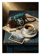 Kahve ve fotoğraf makinesi masası seyahat anı