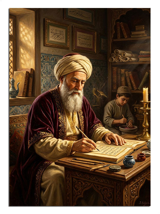Masa başında yazı yazan sarıklı alim adam