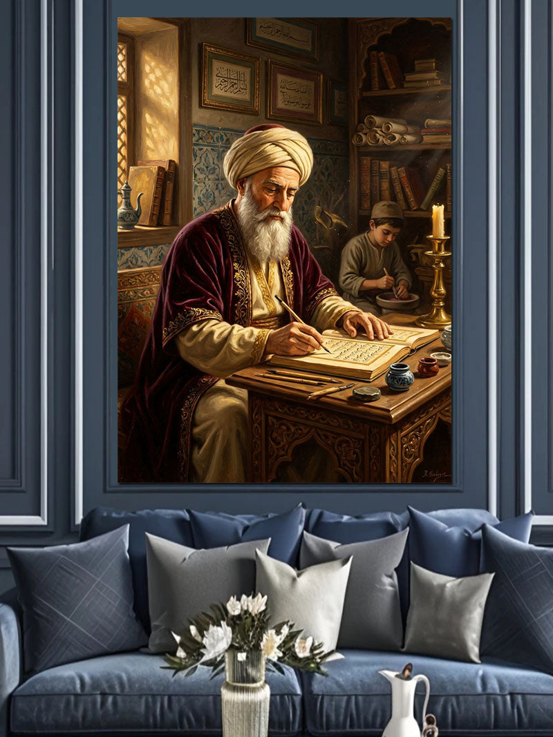 Masa Başında Yazı Yazan Alim Adam Kanvas Tablo
