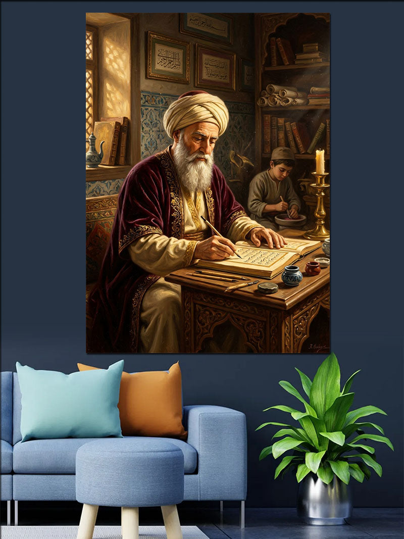Masa Başında Yazı Yazan Alim Adam Kanvas Tablo