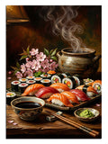 Buharlı sushi tabağı ve sakura çiçekli sofra