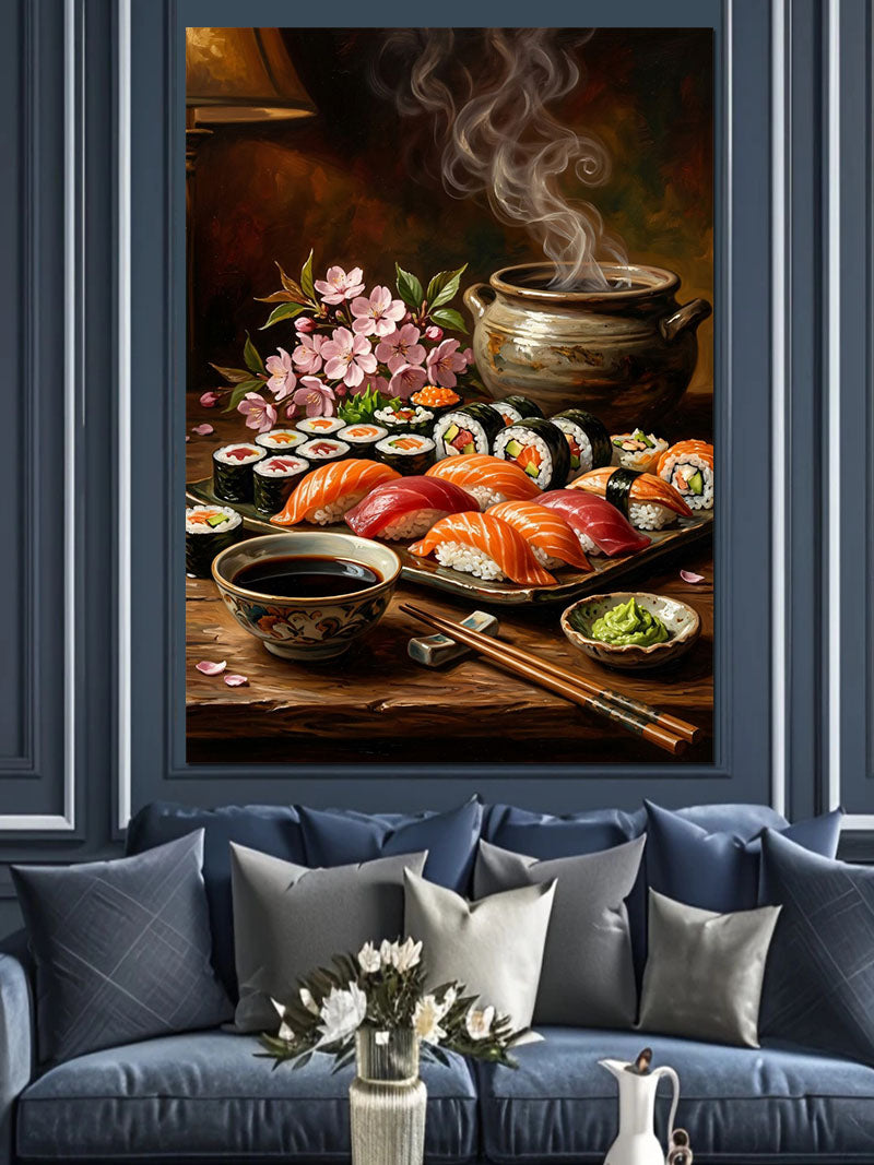 Buharlı Sushi ve Çiçekli Masa Sofrası Kanvas Tablo