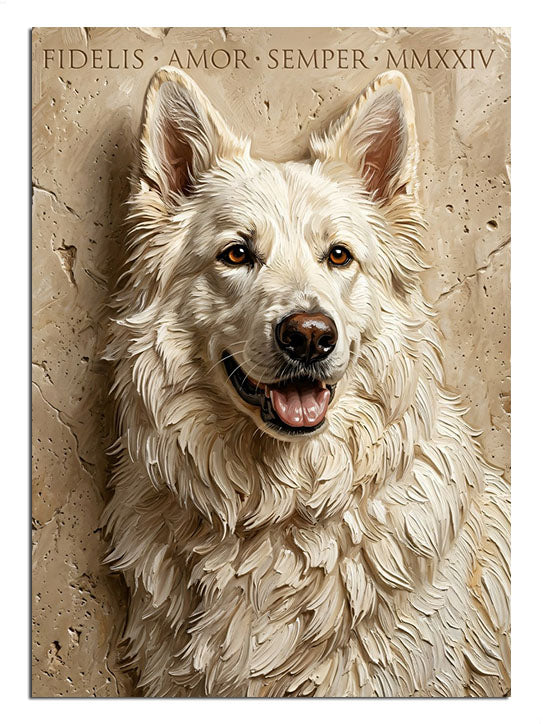 Taş dokulu fonda beyaz köpek portresi gülümseyen