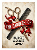 Makas ve THE BARBERSHOP yazılı vintage berber tabelası