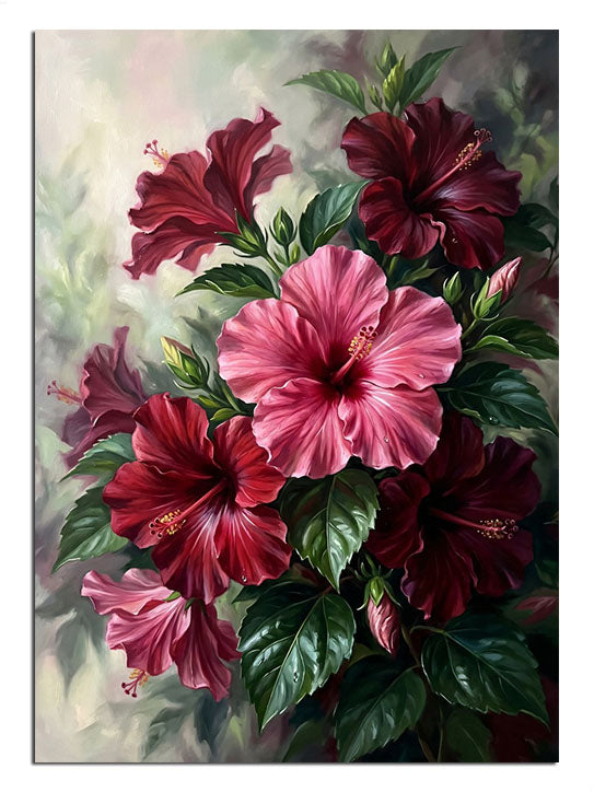 Beyaz fonda pembe ve kırmızı hibiskus çiçek buketi
