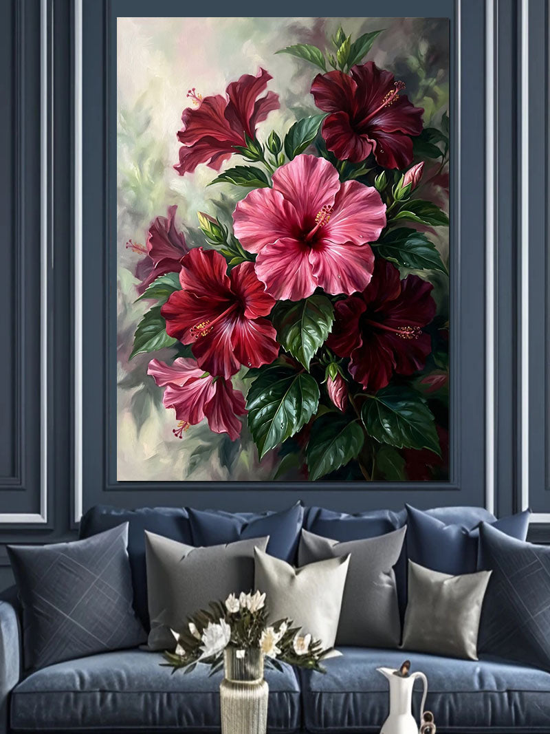 Pembe Kırmızı Hibiskus Çiçek Buketi Kanvas Tablo