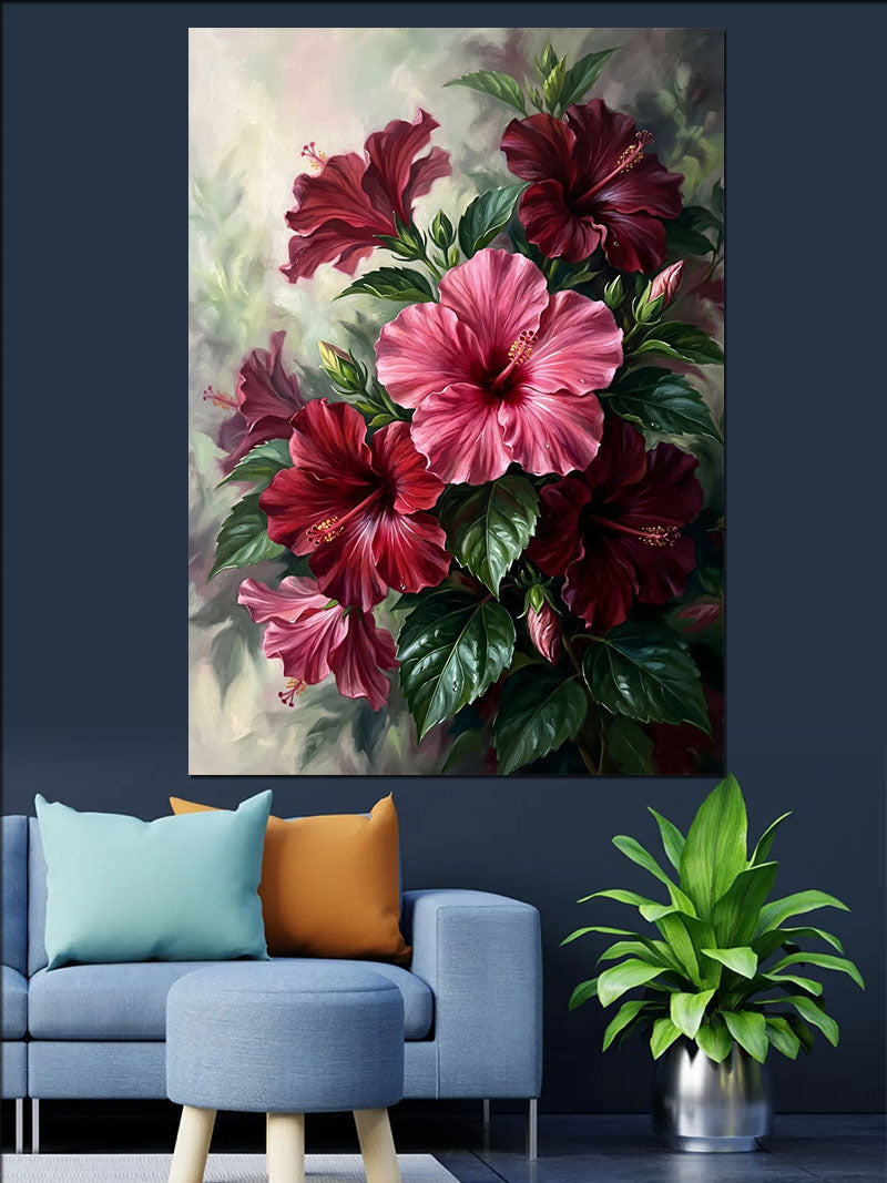 Pembe Kırmızı Hibiskus Çiçek Buketi Kanvas Tablo