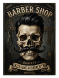 Bıyıklı kuru kafa ve BARBER SHOP yazılı berber tabela