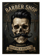 Bıyıklı kuru kafa ve BARBER SHOP yazılı berber tabela