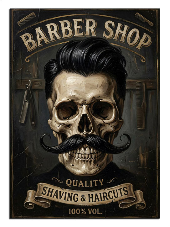 Bıyıklı kuru kafa ve BARBER SHOP yazılı berber tabela