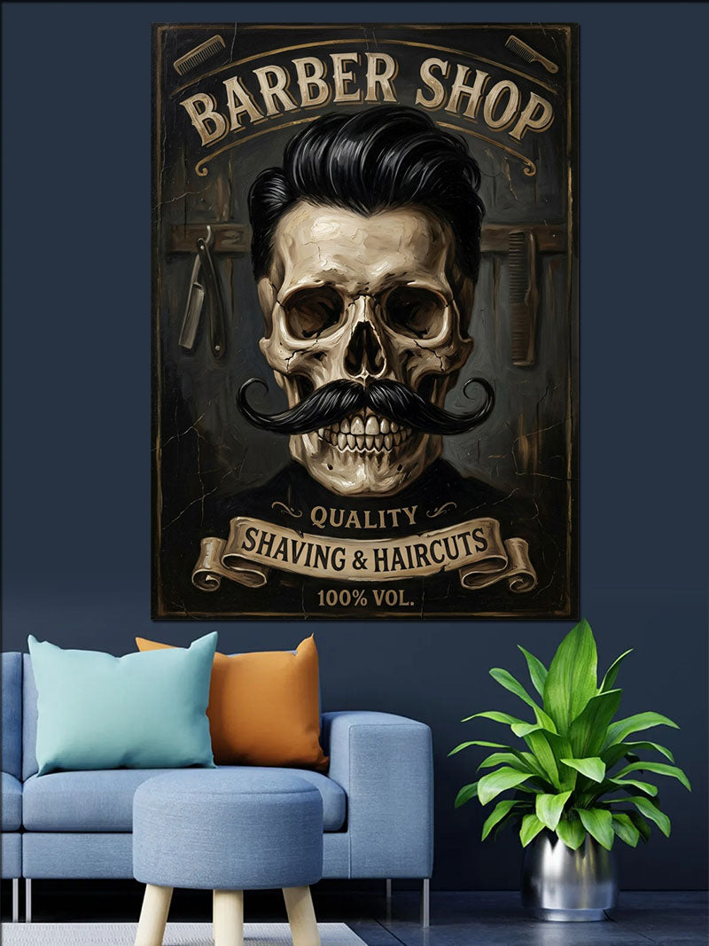 Bıyıklı Kuru Kafa Berber Tabela Poster Kanvas Tablo