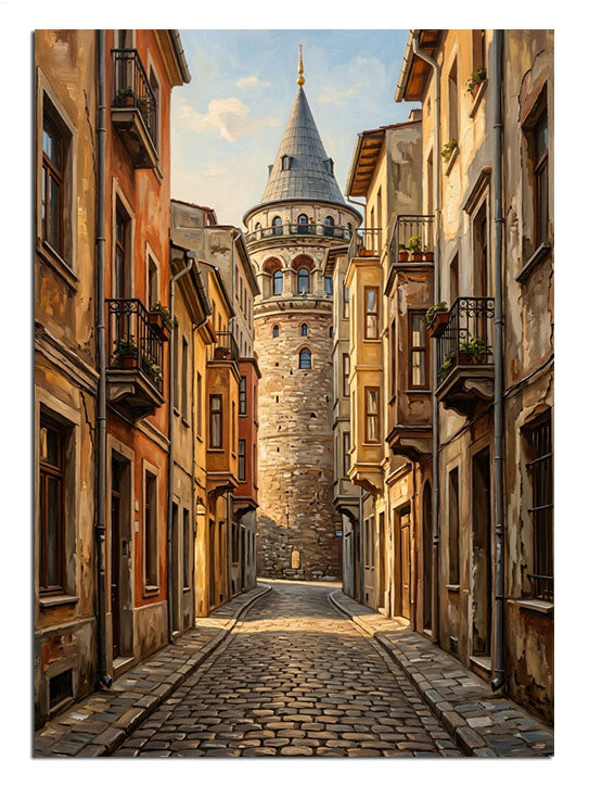 Taş sokak sonunda Galata Kulesi İstanbul manzarası