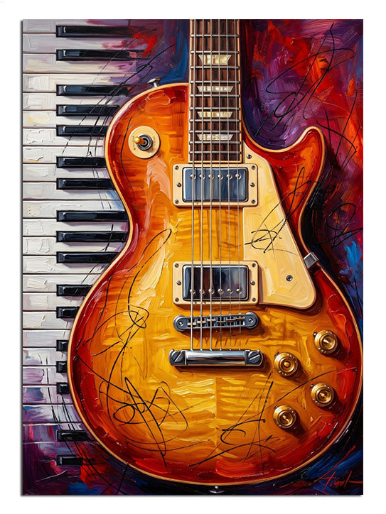 Piyano tuşları fonunda turuncu elektro gitar
