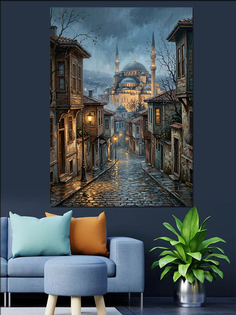 Sisli Taş Sokakta Cami Manzaralı İstanbul Kanvas Tablo