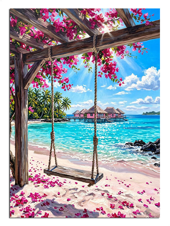 Plaj üzerinde pembe çiçekli pergola ve salıncak manzarası