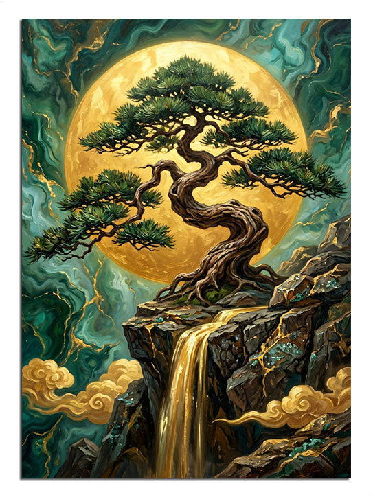 Dolunayda kayalıkta bonsai ağacı ve şelale manzarası