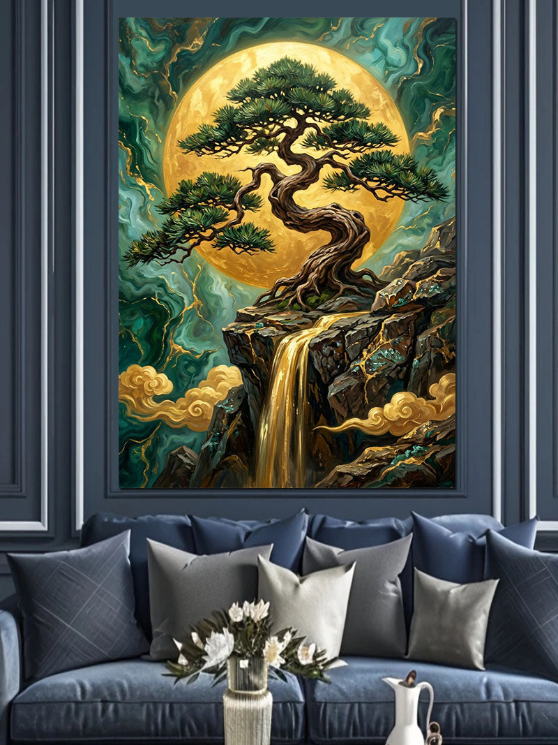 Dolunayda Bonsai Ağacı Şelale Manzarası Kanvas Tablo