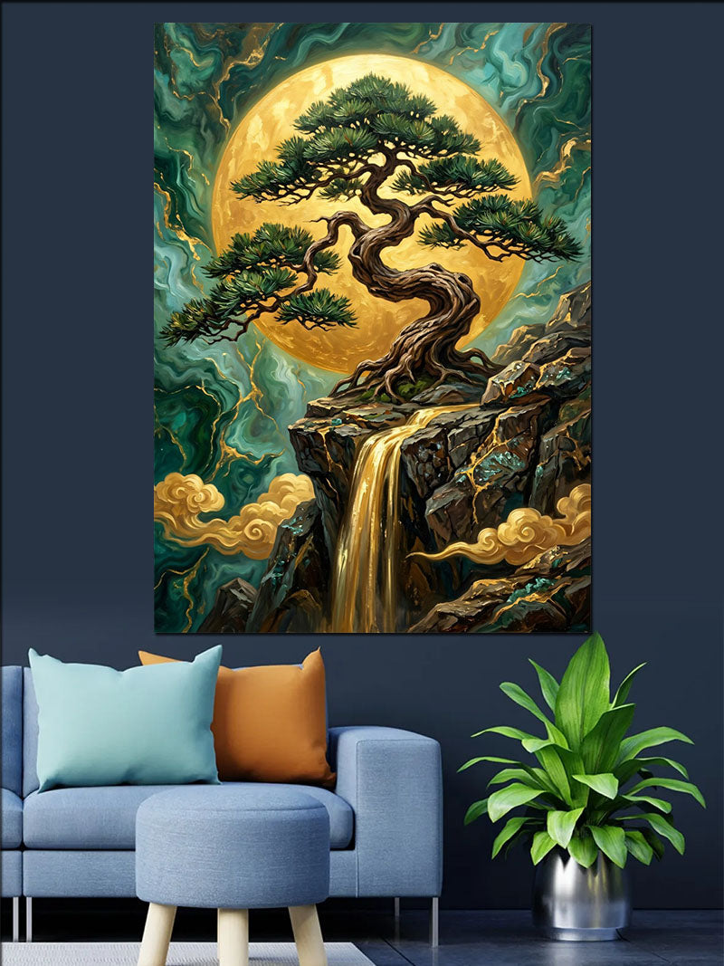 Dolunayda Bonsai Ağacı Şelale Manzarası Kanvas Tablo