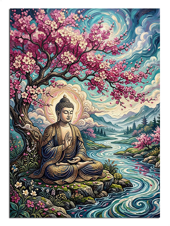 Pembe kiraz ağacı altında nehirde meditasyon yapan Buda
