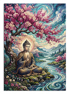 Pembe kiraz ağacı altında nehirde meditasyon yapan Buda