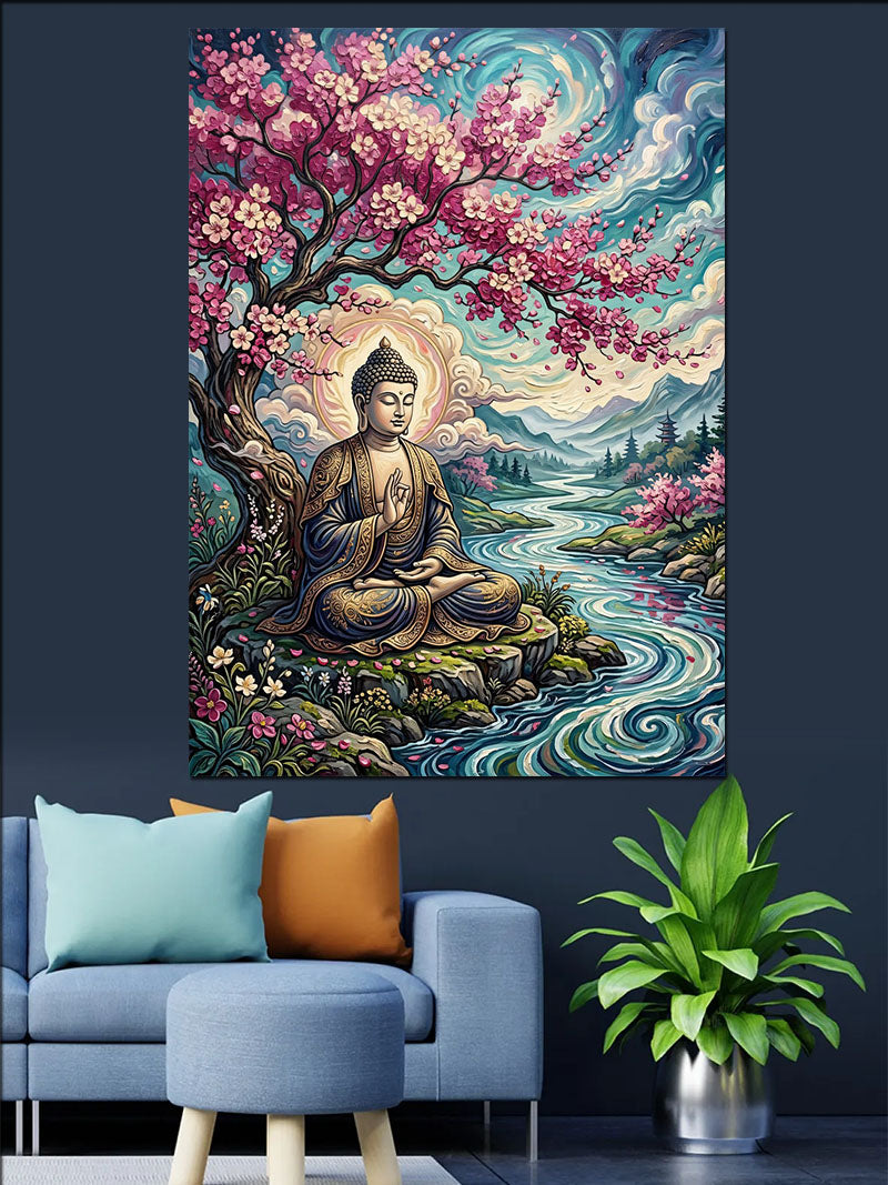 Kiraz Ağacında Buda Meditasyon Manzarası Kanvas Tablo