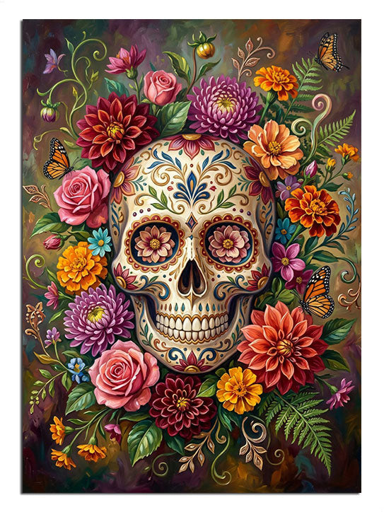 Renkli çiçek taçlı şeker kuru kafa Catrina