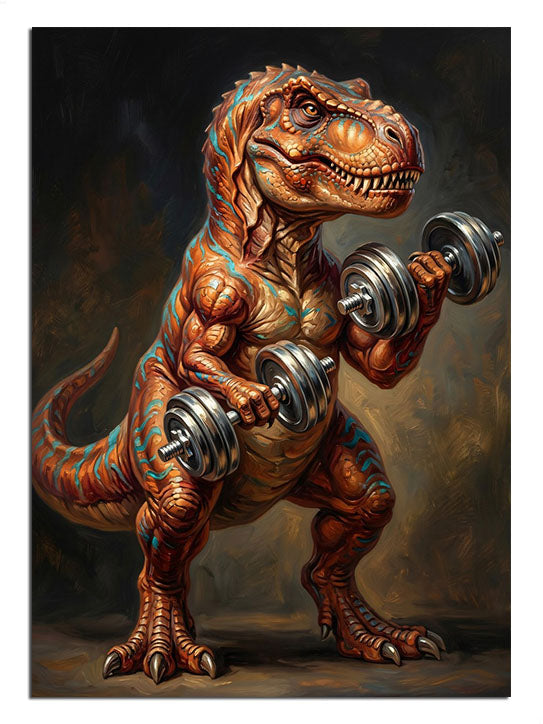Dumbell kaldıran kaslı turuncu T-Rex dinozor