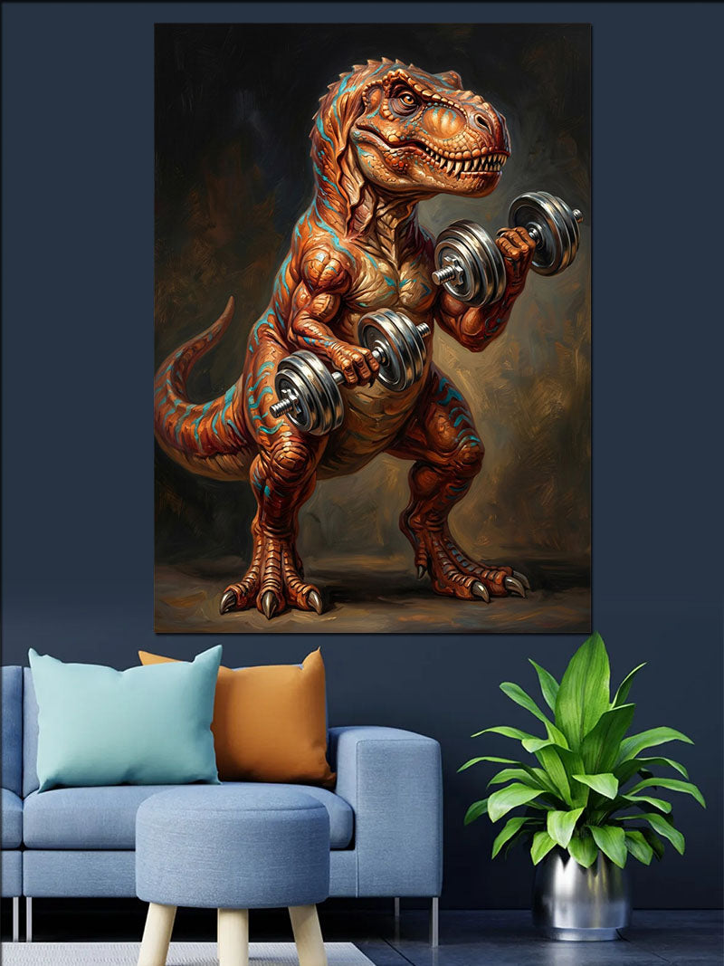 Halter Kaldıran Kaslı T-Rex Dinozor Kanvas Tablo