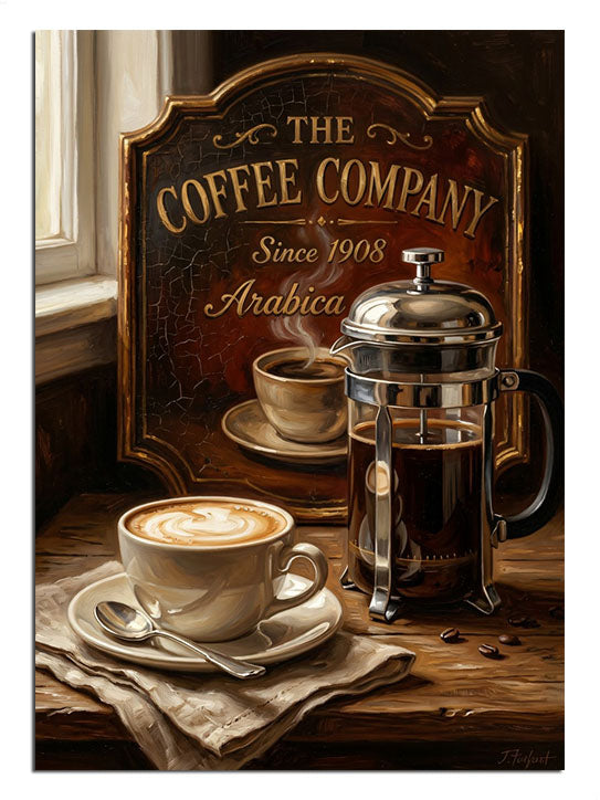 The Coffee Company yazılı french press ve latte
