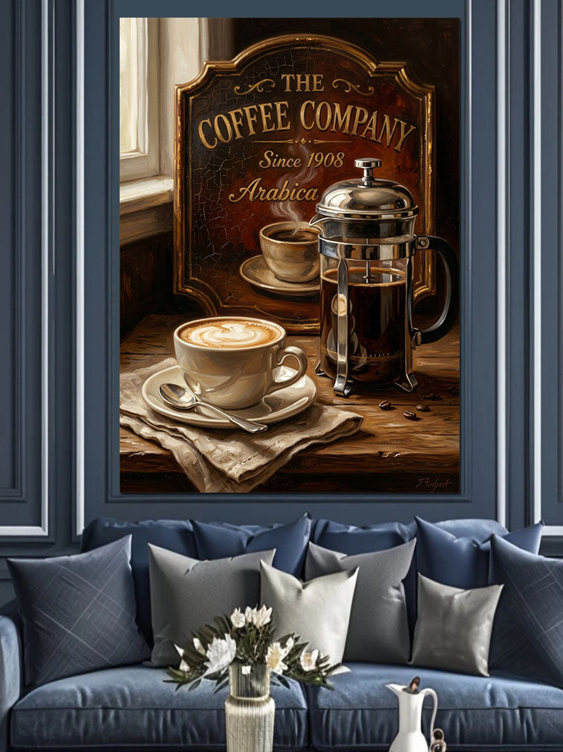 Kahve Fincanı ve French Press Masası Kanvas Tablo