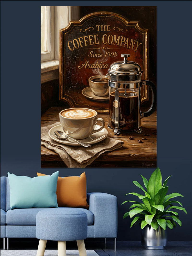 Kahve Fincanı ve French Press Masası Kanvas Tablo