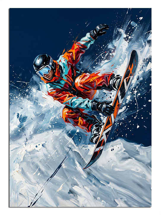 Karlı havada turuncu snowboard ile zıplayan sporcu